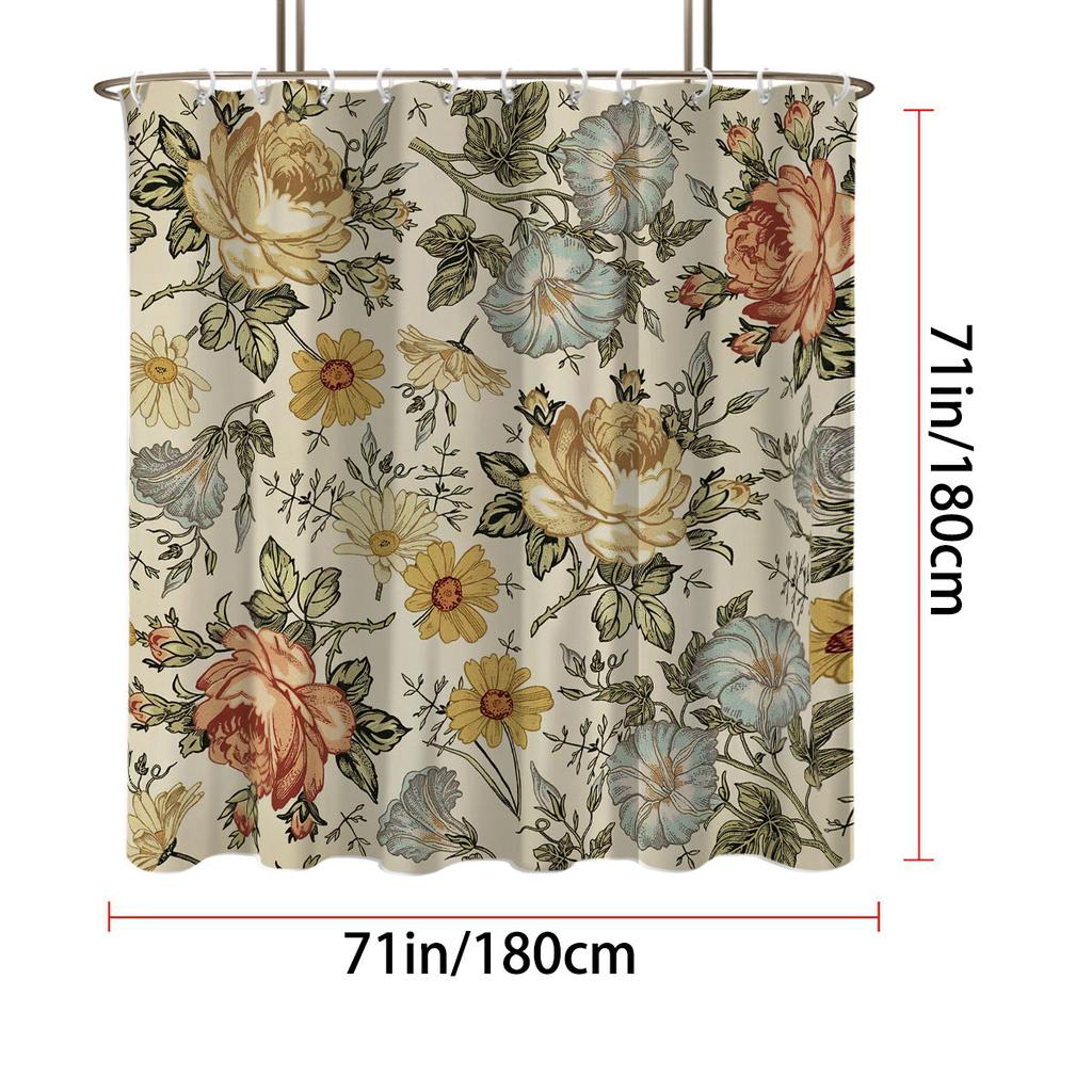 1Pc Retro Flowers Pattern Printed Shower Curtain, Waterproof And Washable, With 12 Hooks, Suitable For Bathroom Showers, Bathtu