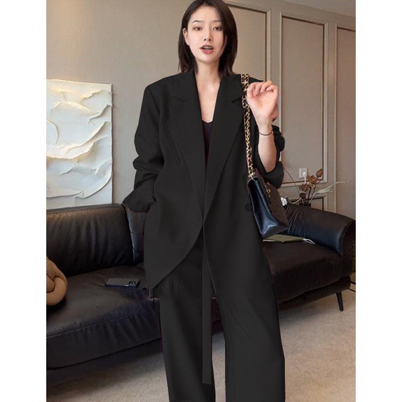 Весенний женский костюм в корейском стиле больших размеров: Комплект из куртки средней длины и широких брюк