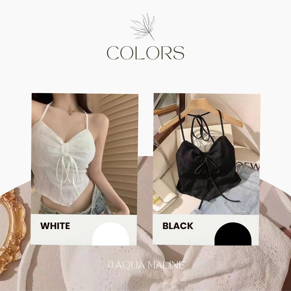 Укороченный топ AQUA Marine с кружевным халтером, сборками и лентой. Женственный и милый для повседневного или сексуального летнего курортного образа. Один женский вырез горловины, грудь,