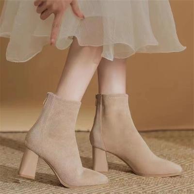 Замшевые женские туфли на высоком каблуке, новые зимние женские сапоги с квадратным носком, элегантные женские туфли для офиса, модные ботильоны на молнии