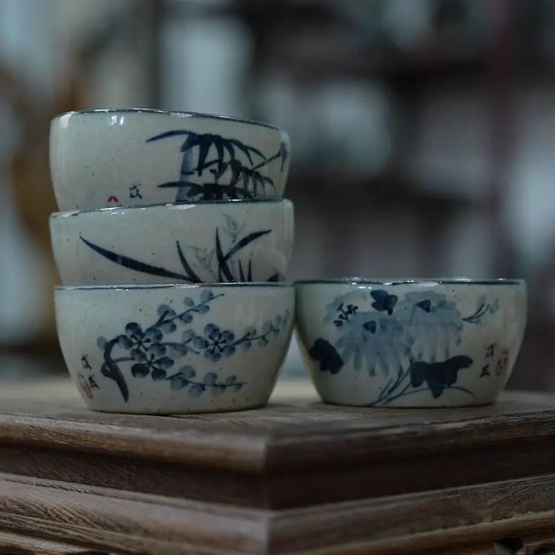 Набор расписанных вручную сине-белых чашек из грубой керамики - Керамическая чашка для чая Гунфу, Маленькая чашка для чайной церемонии Пуэр