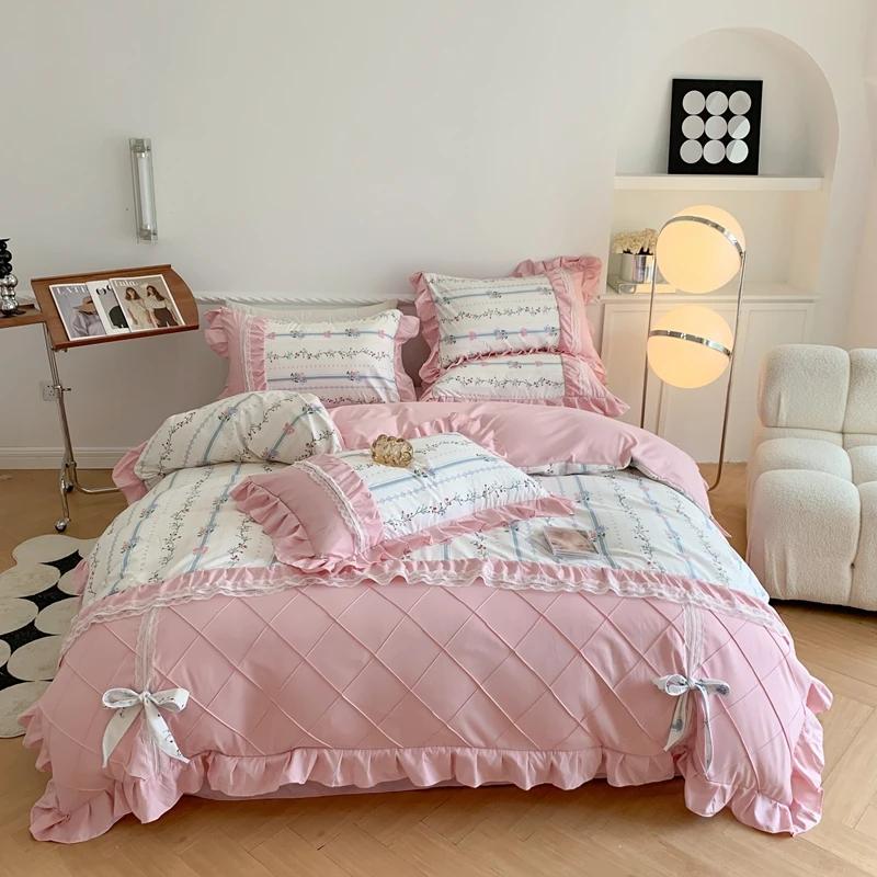 4Pcs Princess Bow Korean Duvet Cover With Ruffle Lace Luxury Bedding Set Bed Sheet For Girls Flower Bedspread Decor Home