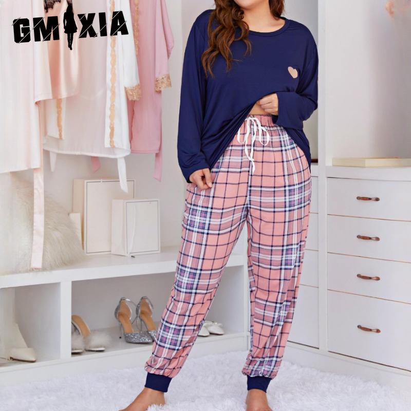 GMXIA Женская пижама с принтом, большого размера, с длинным рукавом, комплект из двух предметов для дома