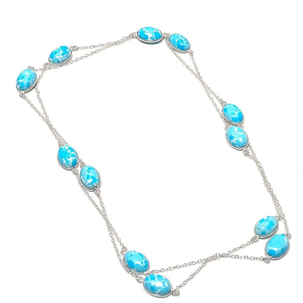 Larimar Necklace 36" Chain Silver Finish Polished Oval Gemstone Jewelry For Gift