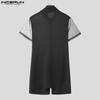 INCERUN Men Short Sleeve Mesh Sheer Patchwork Fitted Jumpsuits Pajamas Underwear