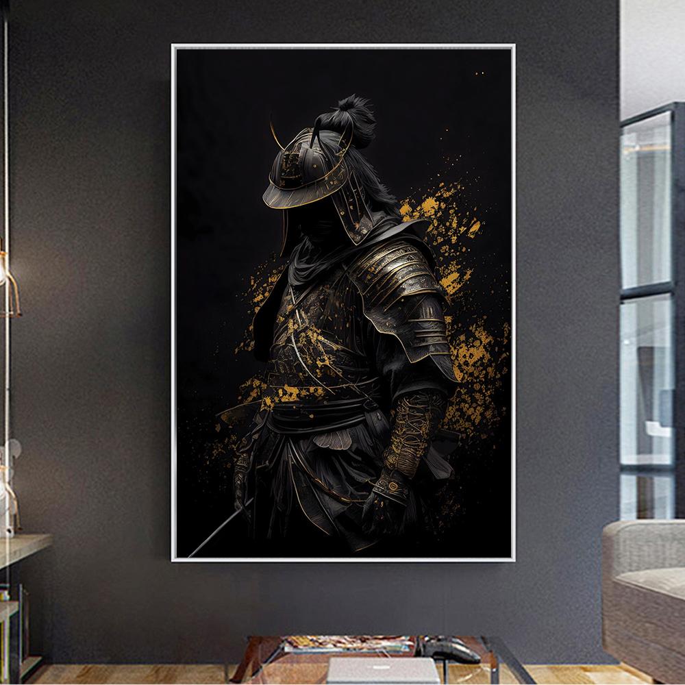 Черный и золотой самурай, средневековый воин в доспехах, фигурка, холст, настенные художественные картины, напечатанные современные классические ретро-роскошные художественные плакаты, украшения для дома