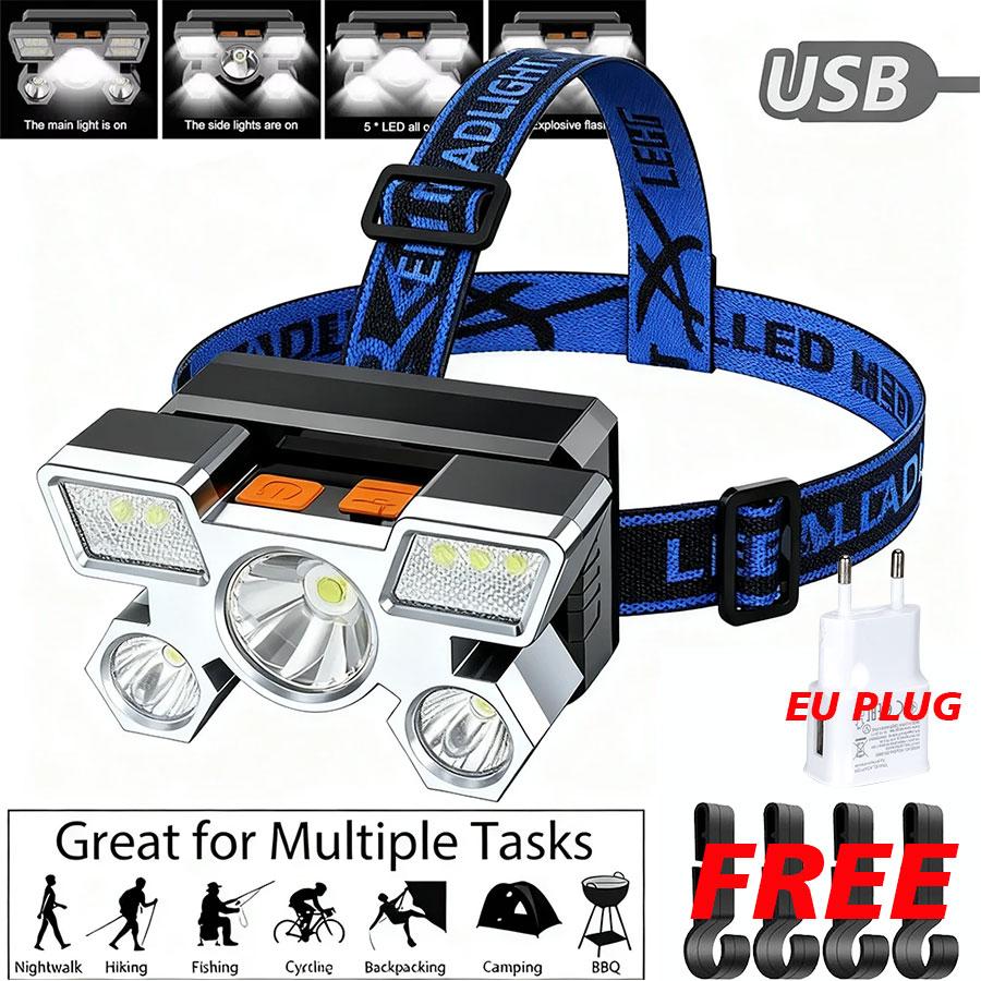 Мощный USB-перезаряжаемый налобный фонарь для рыбалки, светодиодный налобный фонарь 5LED, кемпинговые фонари, охотничий фонарь, передние фонари для походов