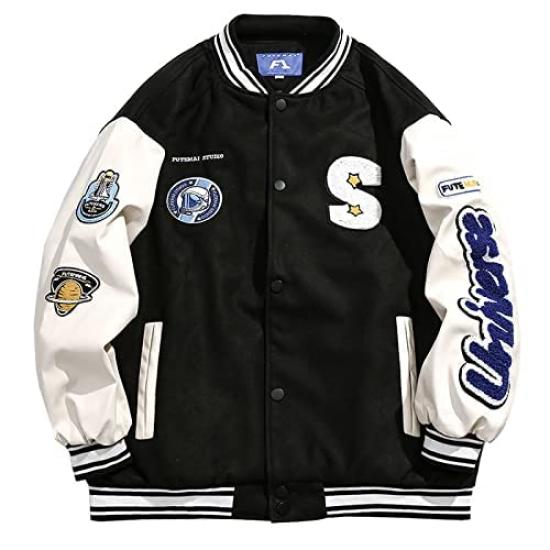 KOSIKINI Varsity Jacket for Men and Loose Cold Plus Size Women, Fit, Embroidered, Weather, Patchwork, Padded, Streetwear, (2XL, Black)