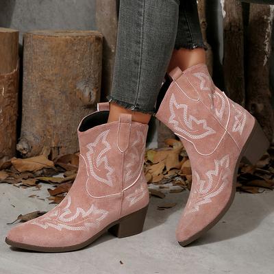Модные винтажные ботинки с вышивкой Женские 2025 Квадратный каблук Острый носок Ботильоны Женские Удобные ботильоны из искусственной замши Mujer