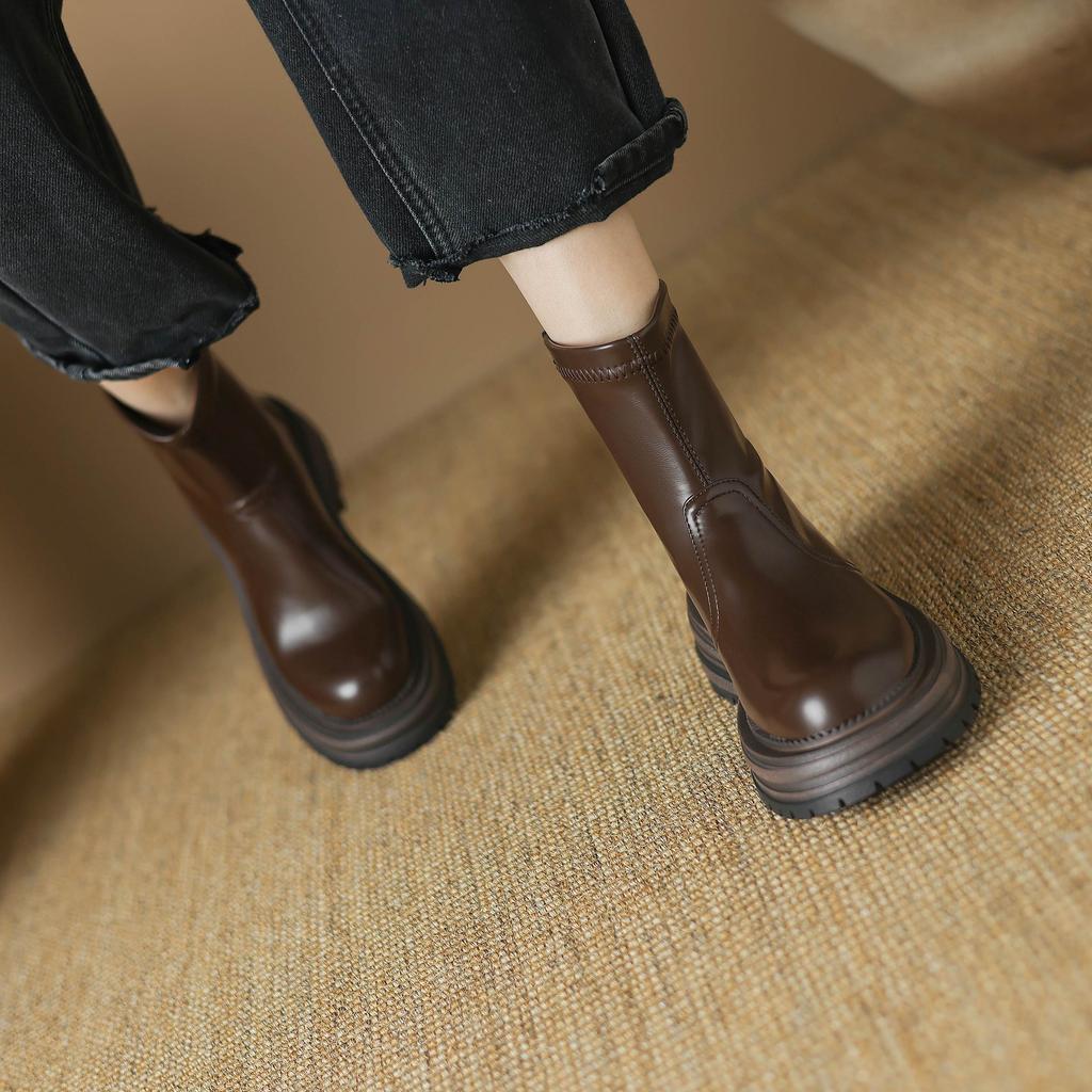 Krazing Pot Микрофибра Осенне-зимняя обувь Толстый высокий каблук Молния Платформа Размер 43 Мотоциклетные ботинки Коричневый цвет Ботильоны