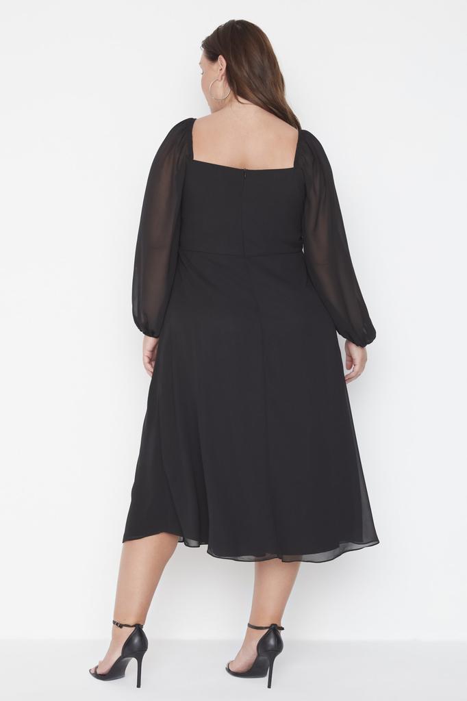 Women's Style Plus Size Black Plus Size Square Neck Slit A-Line Midi Woven Chiffon Dress