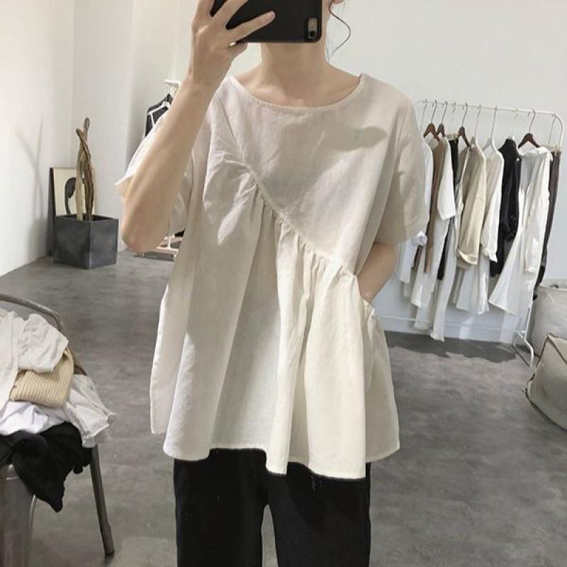 Летняя корейская женская рубашка из хлопка и льна нестандартного покроя, свободная универсальная рубашка с круглым вырезом и короткими рукавами, модные рубашки