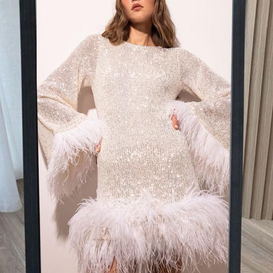 Женское вечернее платье с тонкой талией, пайетками и перьями, открытая спина, длинные рукава O