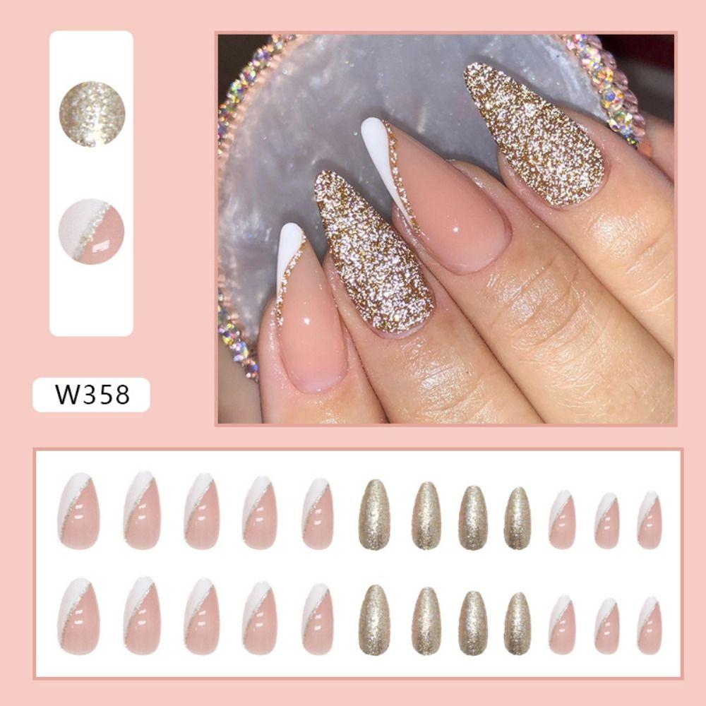 24pcs Manicure DIY Fake Nials Press On Nails Glitter Black Gold False Nails Long Almond French