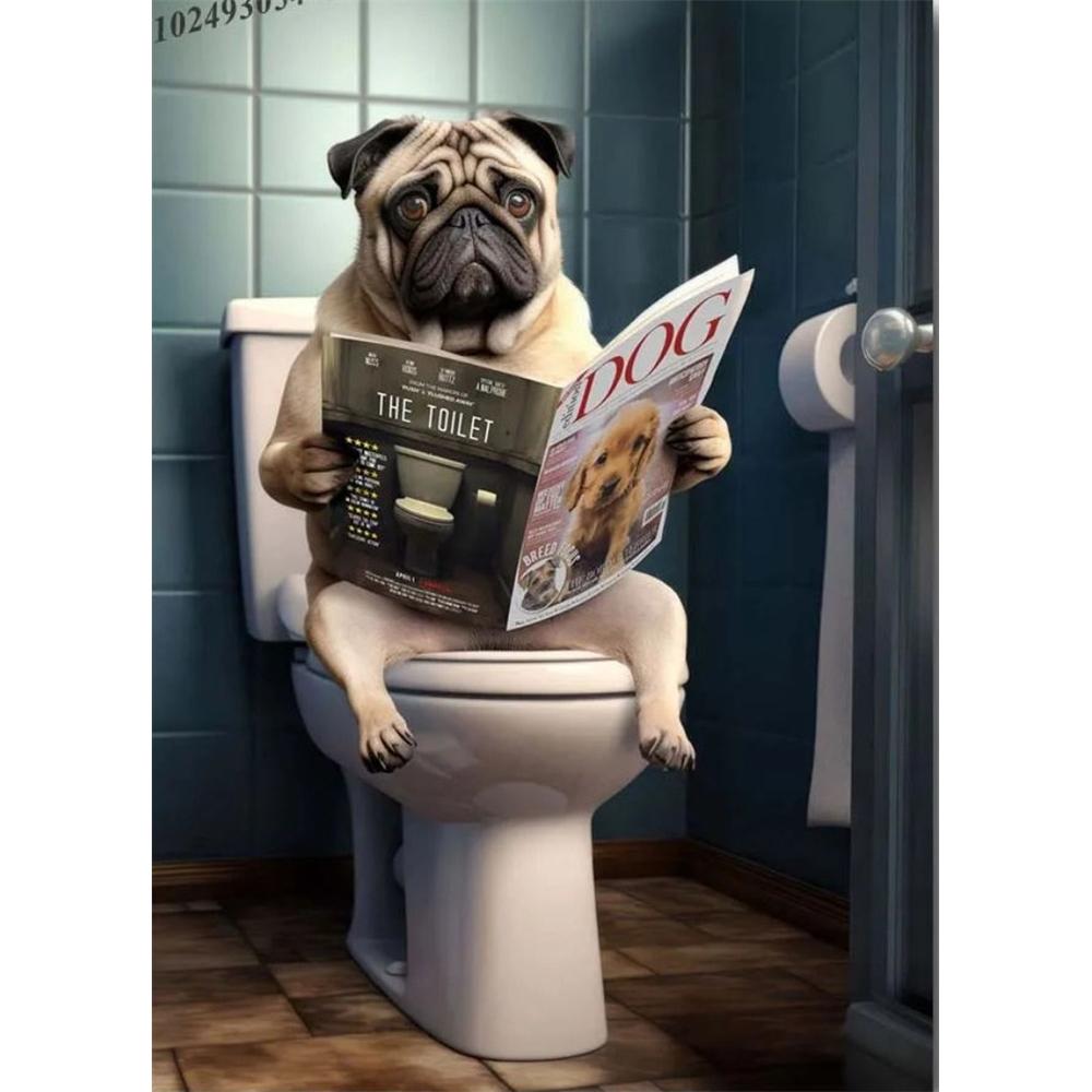 Собака сидит на унитазе и читает газету 5D DIY Алмазная живопись Вышивка крестом Полная выкладка Круглая вышивка Домашний декор Подарки