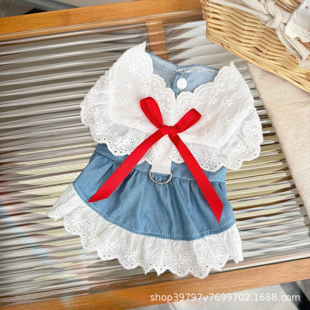 Spring and Summer Denim Lace Princess Skirt Pet Dog Cat Clothes Breathable Skirt Than Bear Dog Skirt