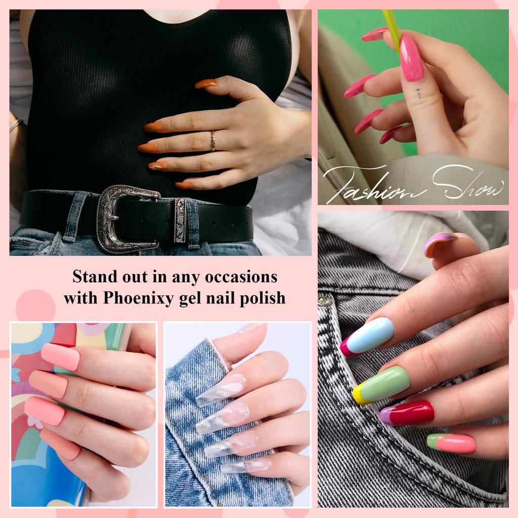 PHOENIXY: великолепные ногти с набором 4-цветного гель-лака — в него входит чистый лак, увлажняющий УФ-гель, светодиодный маникюр, дизайн ногтей и лак с блестками.