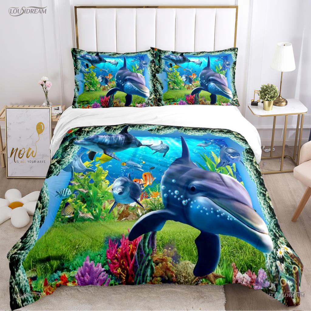 3D Ocean World Dolphin Whale Fish Duvet Cover Comforter Beding Set Soft Quilt Cover and Pillowcase for Single/Double/Queen/King