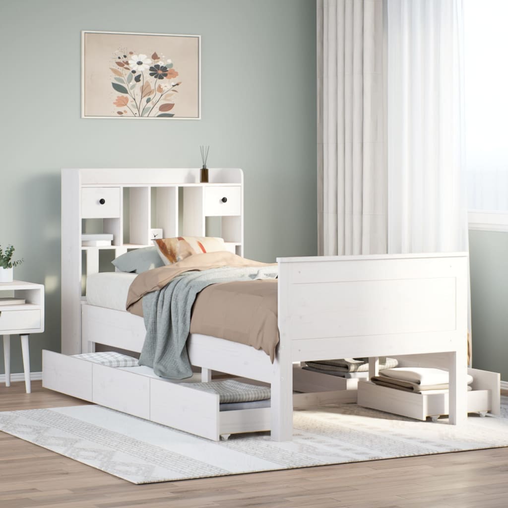 Solid Wood Bed with Shelf Without Mattress White 75x190 cm Pine
