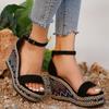 Женские босоножки на танкетке с ремешком на щиколотке, женские босоножки на платформе, лето 2024, вечерние туфли в полоску на толстой подошве больших размеров
