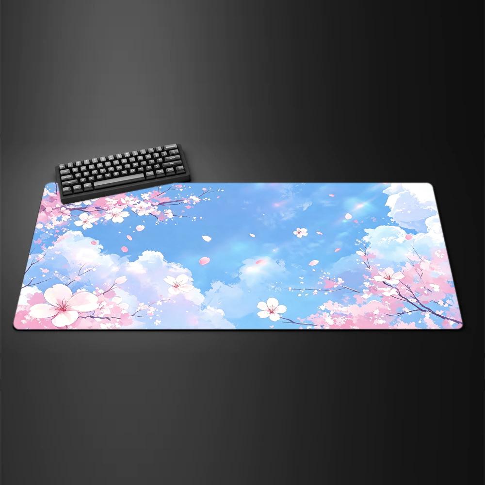 Blue Sky Cloud Sakura Mouse Pad Large Computer Office Game Table Mat Rubber Antislip Stitched Keyboard Mats 90x40 Xxl Desk Pads