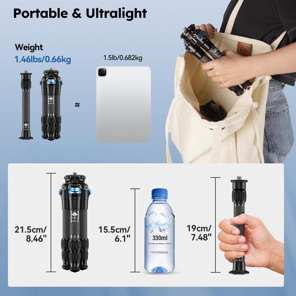 SIRUI Tripod and Carbon Fiber with Carbon Fiber Center Pole for DSLR and Travel Maximum 660mm Maximum Load of Eligible Invoices Warranty AM223