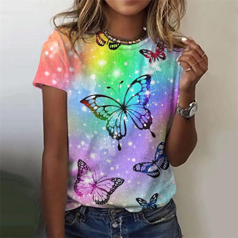 Harajuku New 3D Flower Butterflies Printed T Shirt Floral Graphic T Shirts Women Fashion Short Sleeves Girl Tee Shirts Clothing