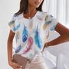 Women's T-shirt 3d Feather Print V-neck Tops Summer New Simple Harajuku Short-sleeved Fashion Loose Large Size Women's Tops