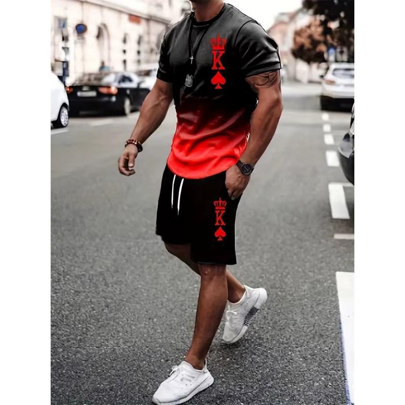 Летний мужской повседневный костюм свободного покроя из двух частей, простая повседневная уличная одежда, пляжный костюм с принтом King, мужская футболка, шорты, спортивная одежда