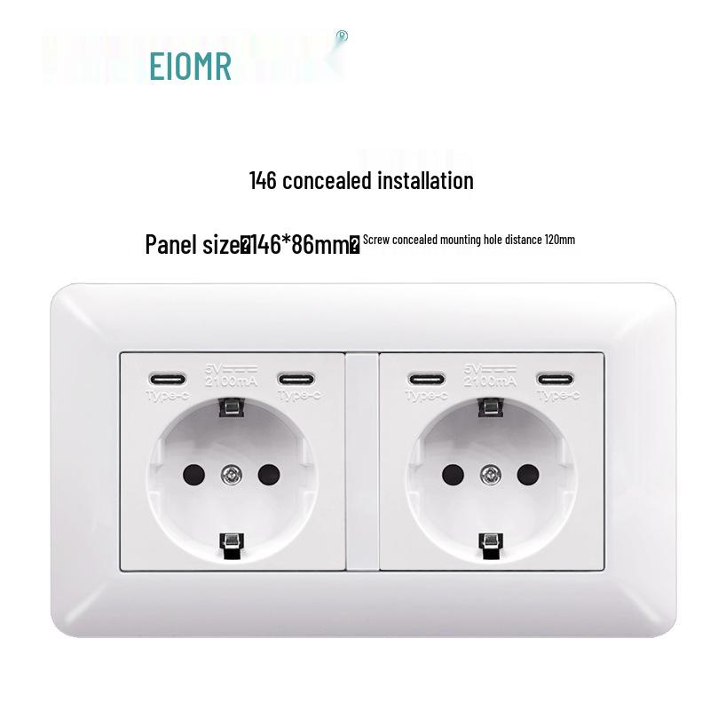 Изогнутая белая панель розетки европейского стандарта с двойным USB и Type C, немецкий выключатель, скрытая установка