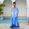 2023 Blue Kaftan Beach Cover Up Summer Women Beachwear Long Tunic Oversize Bikini Cover-ups Robe De Plage Sarong Q774