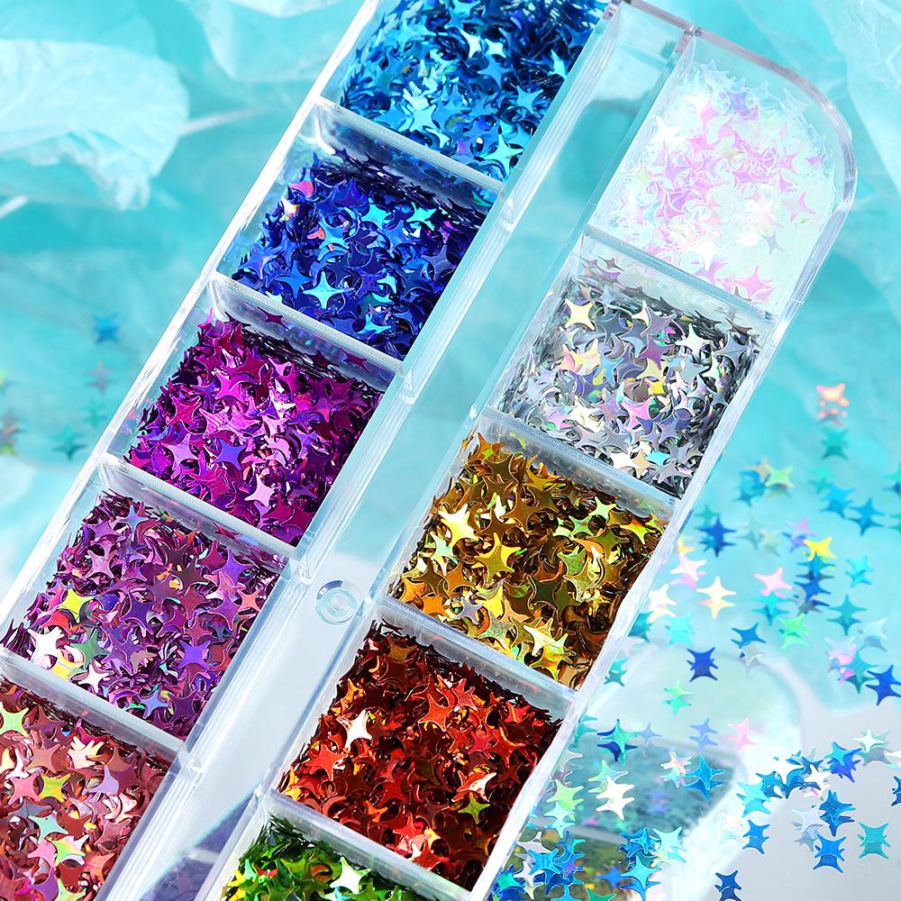 12 сеток, блестящие блестки со звездами для дизайна ногтей, голографический звездный дизайн маникюра, украшение для УФ-гель-лака, аксессуары для ногтей