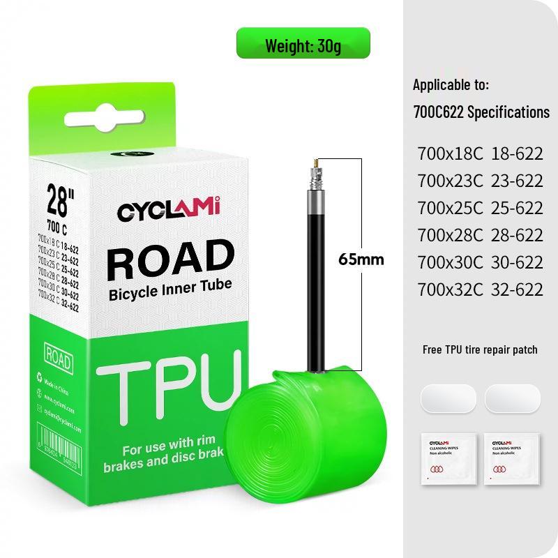 CYCLAMI Ultralight TPU Inner Tube with Free Tire Patches and Levers - 30g, Presta Valve, Puncture Proof Road Bike Tire.