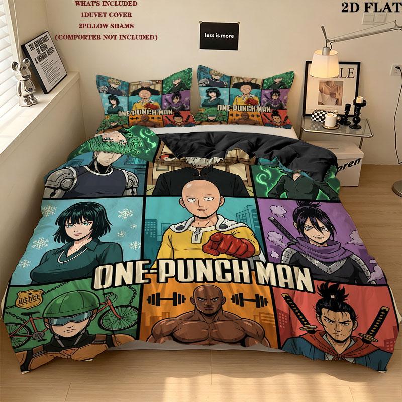 Onepunch Man Pattern Bedding Quilt Set Quilt Cover Pillowcase Home Birthday Gift(1 * duvet cover + 2 * pillowcase, without core)