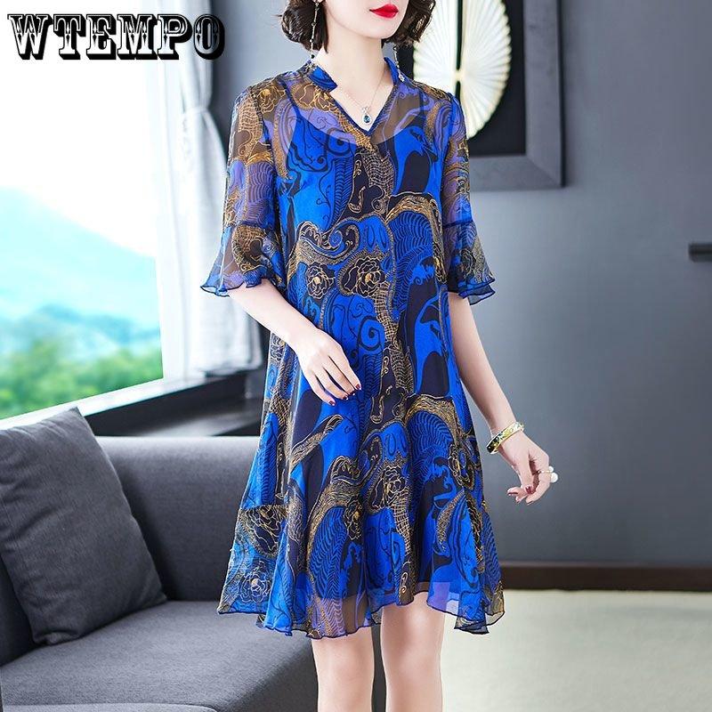 Женское летнее шифоновое платье в стиле ретро, ​​свободные шелковые платья средней длины с принтом