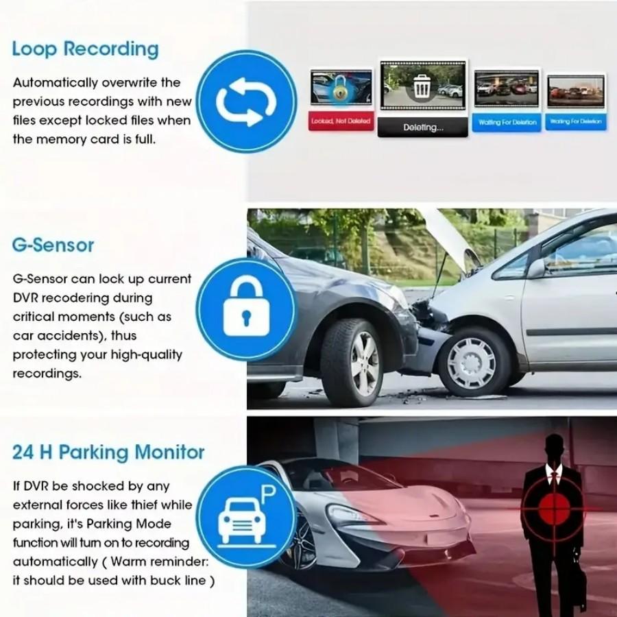 10-дюймовый сенсорный экран Full HD Зеркало заднего вида Видеорегистратор - Передняя и задняя камера с циклической записью, G-сенсором, широкоугольный 170°