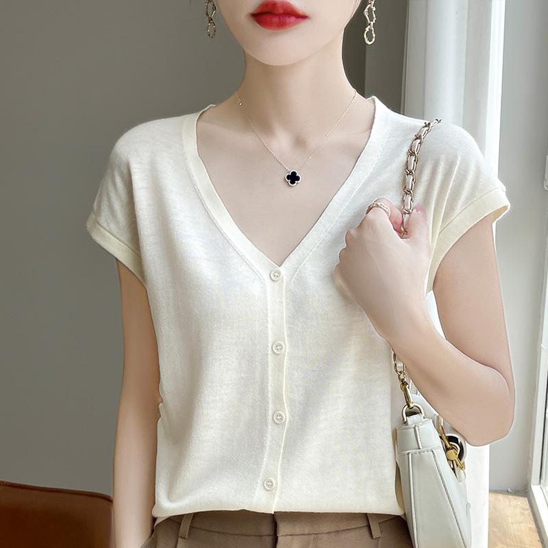 Новый летний стиль шерстяной кардиган тонкий V-образный вырез обычный свитер женский трикотаж