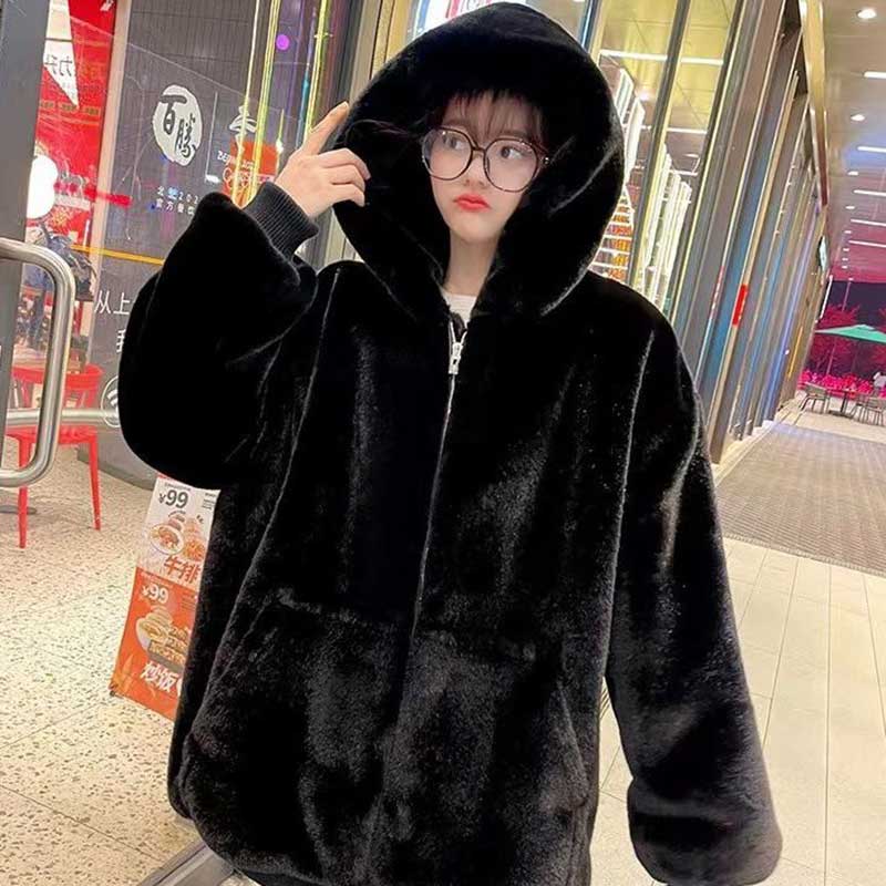 Korean Imitation Rex Rabbit Fur Coats Female Winter Warm Long Thickened Hooded Lamb Wool Cashmere Coat