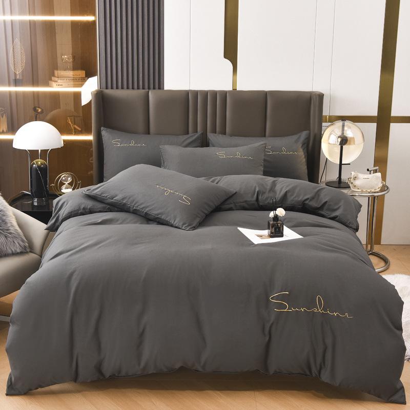 Solid Color Embroidery Simple Grinding Four-piece Set European Solid Color Embroidery Quilt Cover Bed Sheet Bedding