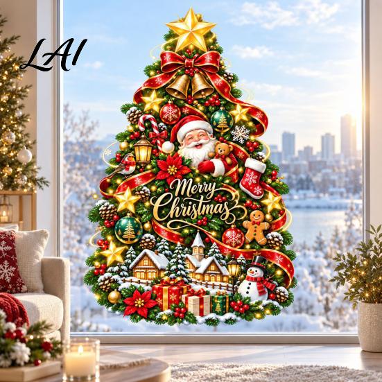 Holiday Window Stickers Christmas Tree Clings with Santa Claus Snowman Gingerbread Man and House Static Glass Art for Home Decorations Double Sided