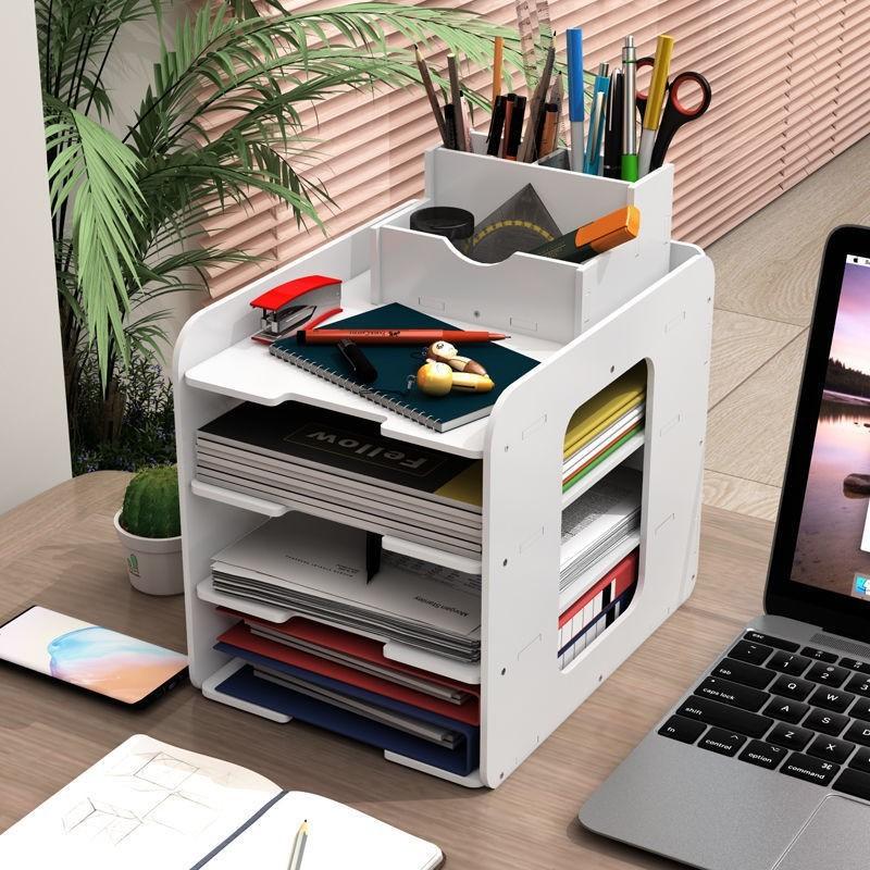 File Storage Box Multi-Layer Bookshelf Office Supplies File Box with Pen Holder Book Stand Shelf A4 Desktop File Shelf