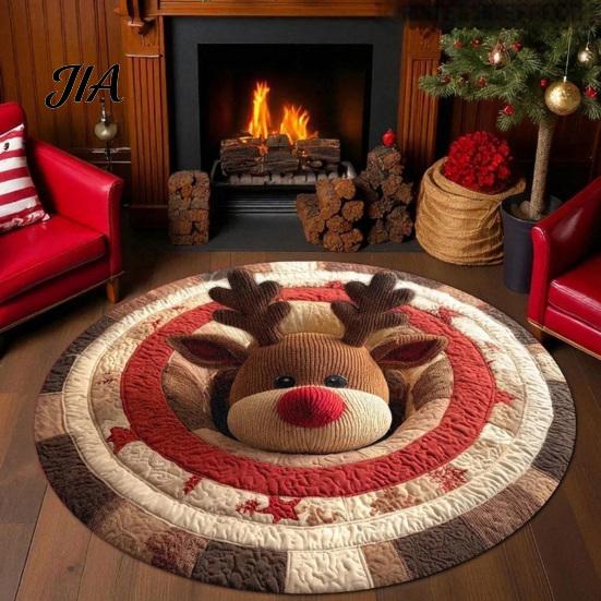 Holiday Home Decor 3D Illusion Christmas Rug, Round Xmas Tree Area 24" 47" Festive Accent Rug Santa Claus Snowman Floor Mat for Living Room