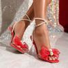 Модные Странные Прозрачные Женские Босоножки на Высоком Каблуке Элегантные Жемчужные Бусины Ремешок на Щиколотке Свадебная Вечеринка Романтический Бант Туфли для Платья Сандалии