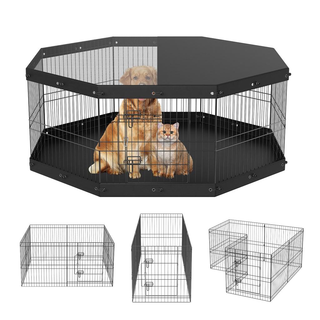 VEVOR Dog Playpen, 8 Panels Foldable Metal Dog Exercise Pen with Top Cover and Bottom Pad, 61 cm H Pet Fence Puppy Crate Kennel