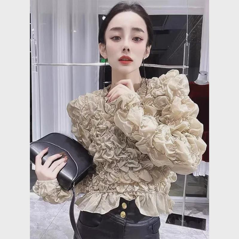 Women's European Palace Style Puff Sleeve Pleated Top for Autumn/Winter