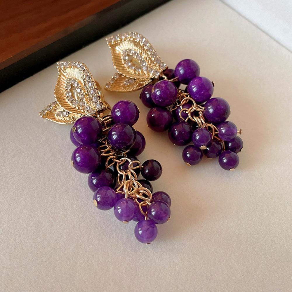 Zircon Leaf Purple Beaded Earrings Imitation Fruit Vintage Earrings Grape Stud Earrings Gifts
