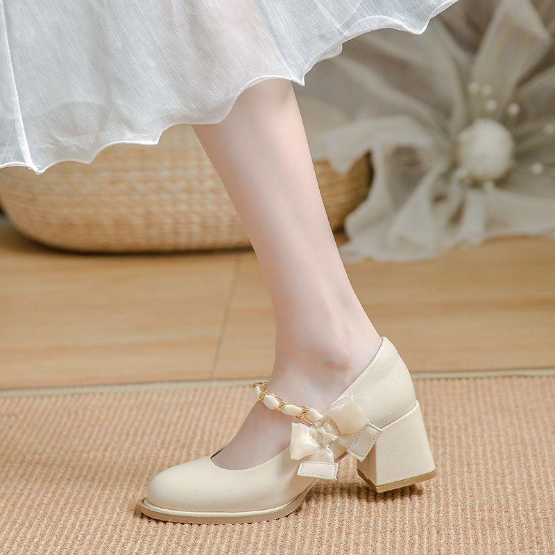 Ladies Summer Footwear On Heeled Pumps Shoes for Women 2024 with Straps Cute Square Heels Gothic Kawaii Bow High Mary Jane Offer