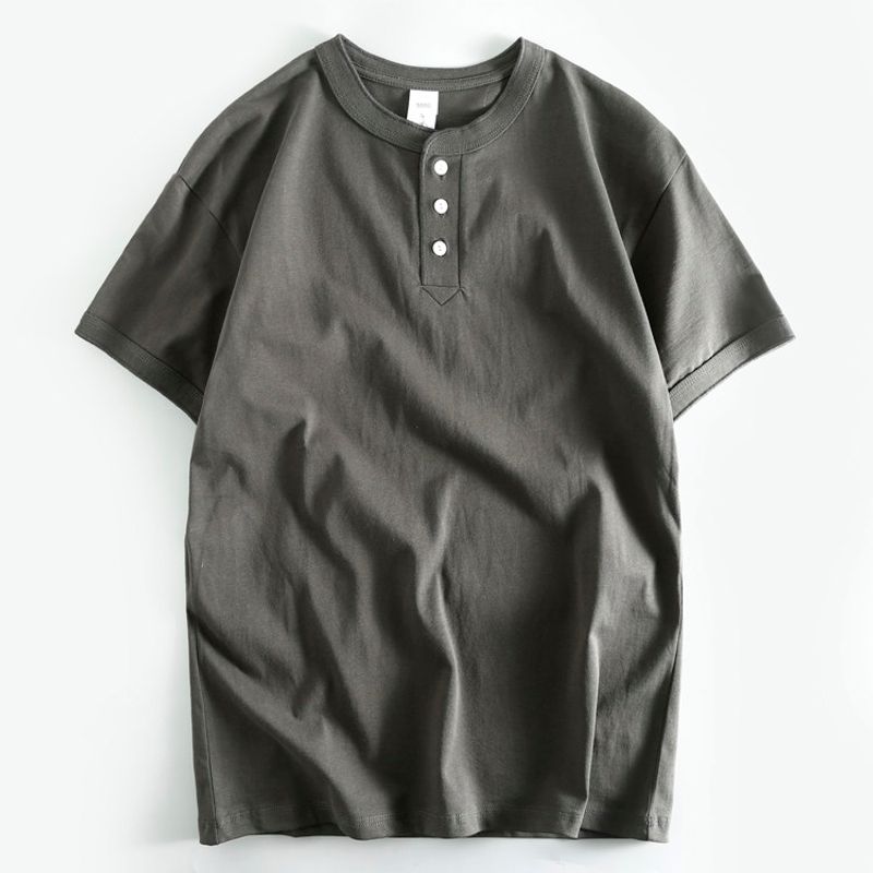 Export Short-Sleeved T-shirt Henry Collar Three-Button Summer Pure Cotton Men's Half Sleeve Wear Bottoming Shirt Tail Goods Cut Label T-shirt Fashion