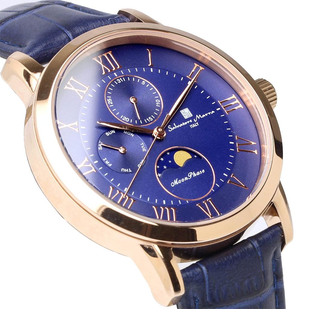 Watch Moon Phase Multi Calendar 5 ATM Water Resistant Business Formal Leather Belt Limited Model Pink Gold Blue [Salvatore Mara] Men's SM21106-PGBL
