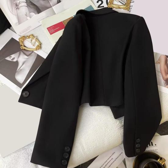 Women Short Suit Coat Lapel Long Sleeve Single Button Suit Jacket Solid Color Loose Fit Casual Business Style Suit Coat